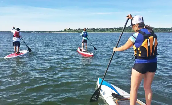 Three people paddleboarding on a calm lake, wearing life vests under a clear blue sky.