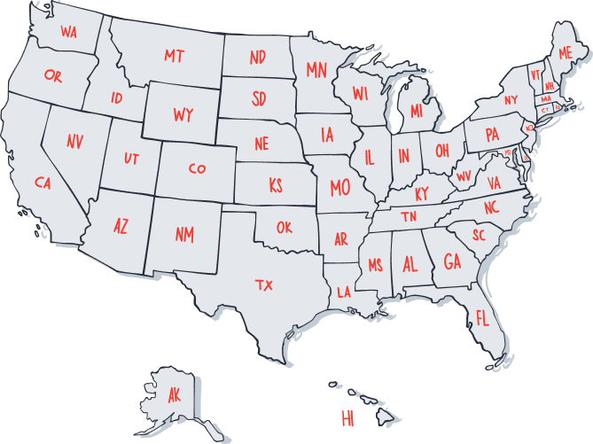 A map of the United States with each state labeled by its postal abbreviation.