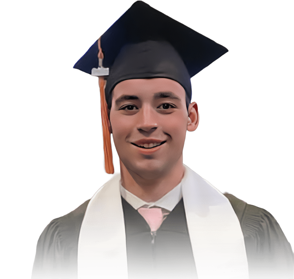 Young man wearing a graduation cap and gown with a white stole, smiling at the camera against a plain background.